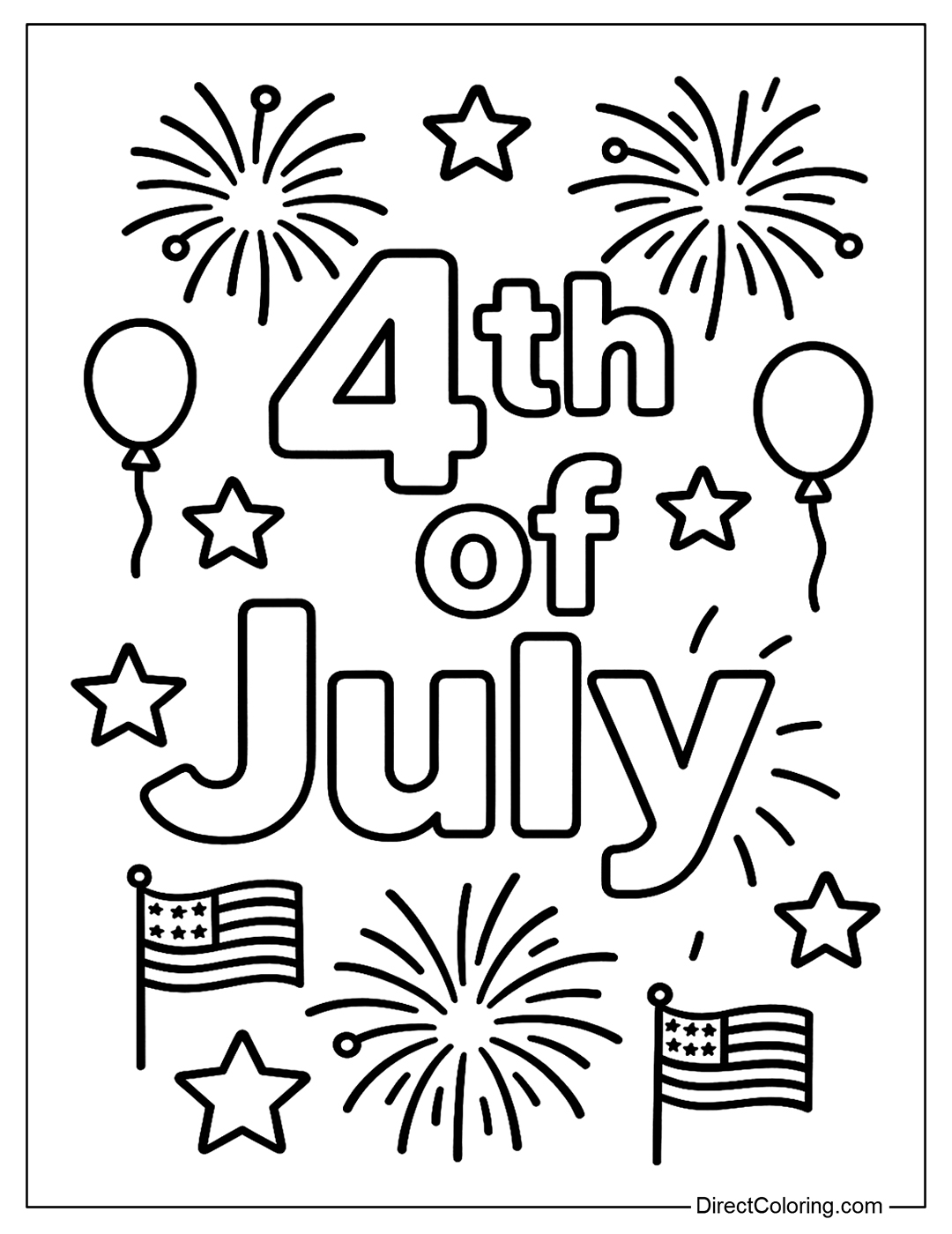 A simple coloring page with a large “4th of July” in the center. Surrounded by decorative motifs.